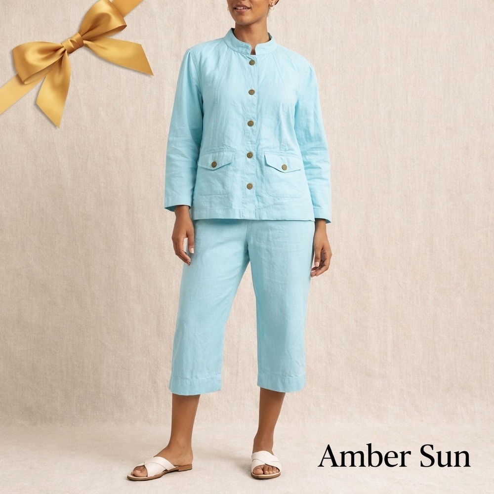 AMBER SUN Linen Cotton Capri Pant Suit Blue Size 10 M